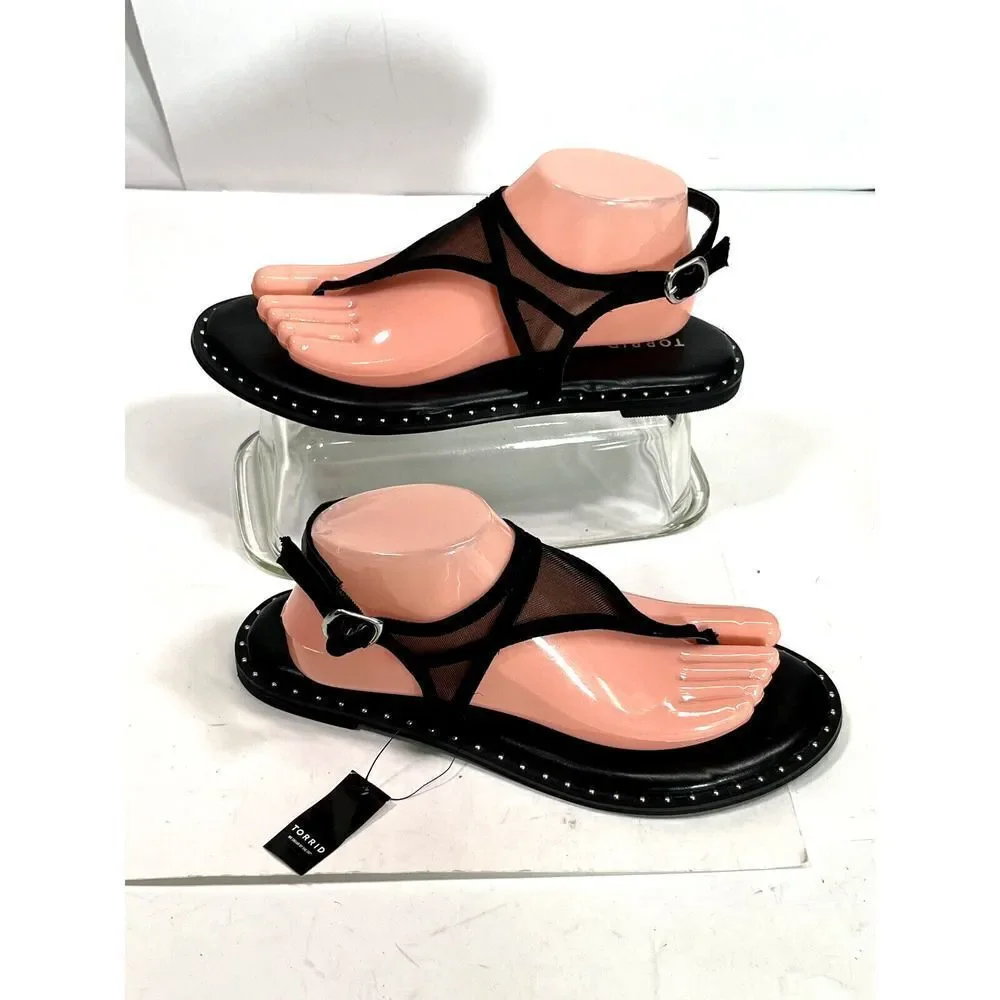Torrid Mesh T Strap Thong Sandals‎ Sz 8.5 W Wide Black Studded Ankle Strap